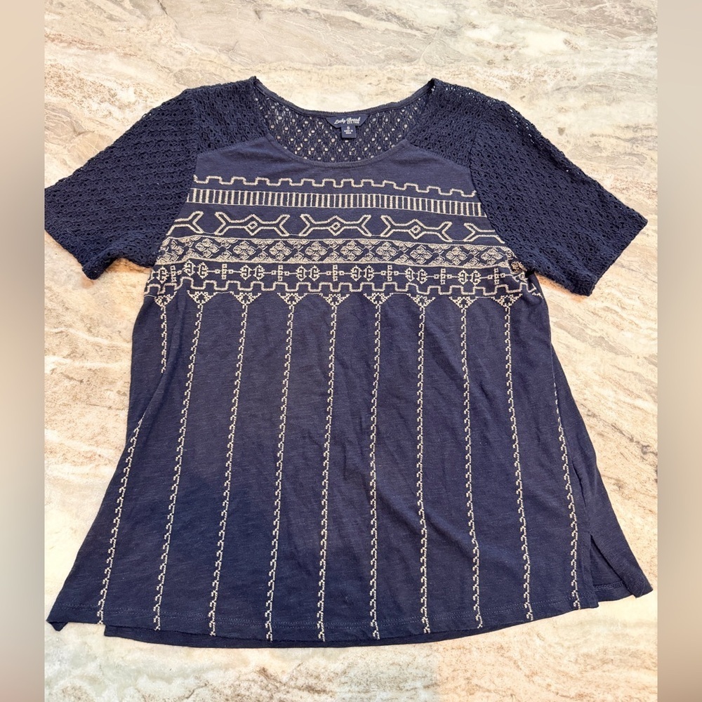 Lucky Brand Navy Embroidered Boho Crochet Sleeve Top Women’s Small